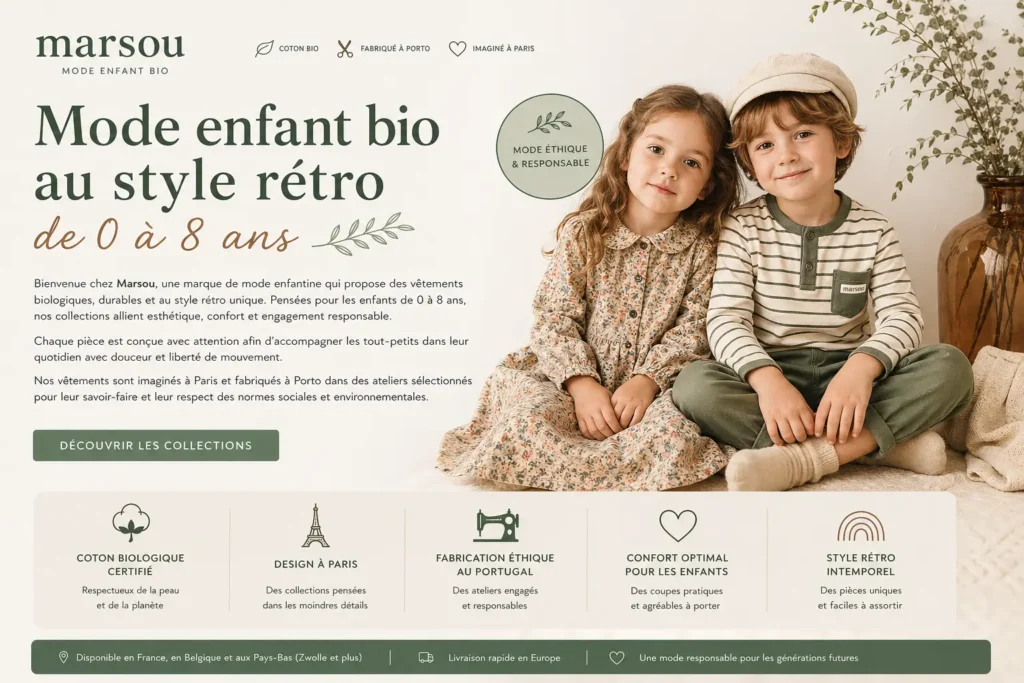 Mode enfant bio Marsou pour enfants de 0 à 8 ans, style rétro et vêtements durables